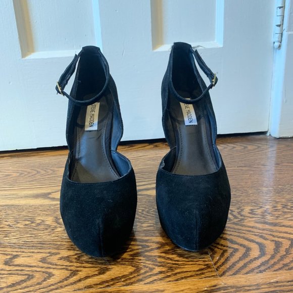 Steve Madden Black Velvet Wedges with Ankle Strap - Picture 2 of 5
